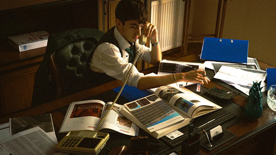 Сцена в офісному кабінеті з теплим освітленням, де чоловік середніх років європейської зовнішності с