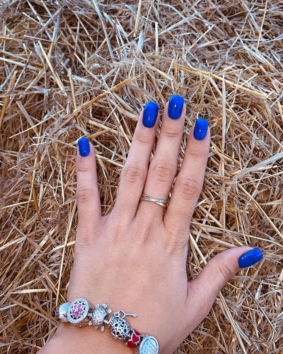 Насичений синій манікюр з браслетом на фоні сухої трави